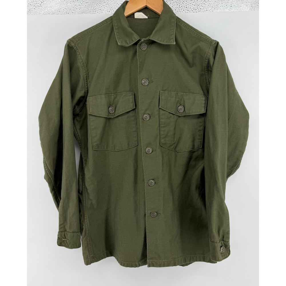 Vintage US Military OG-107 Cotton Sateen Utility Shirt Olive Green 15.5x33 1966